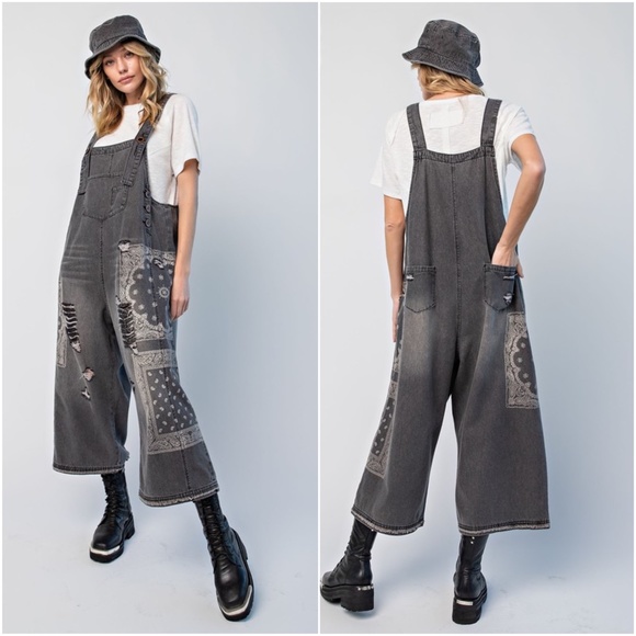 017  Vintage Wash Paisley Print Black Oversized Overalls - Picture 3 of 4